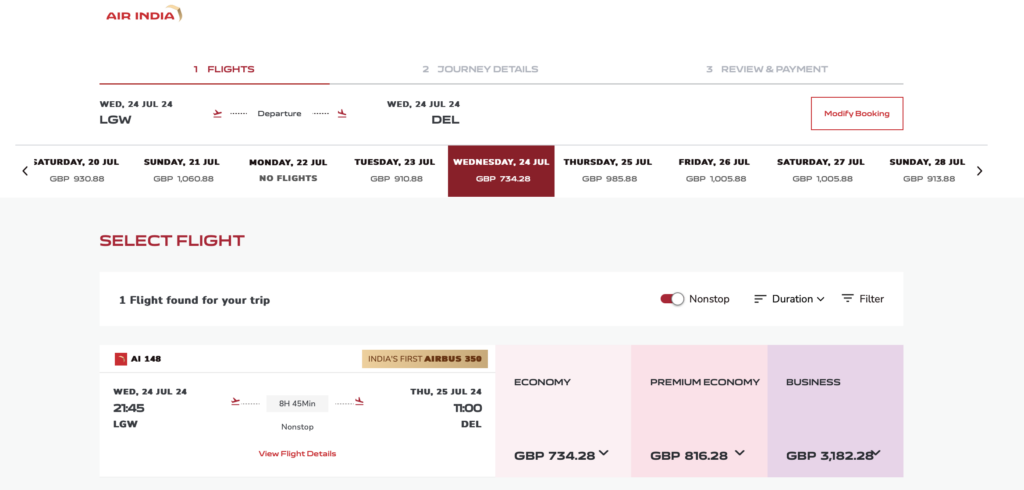 a screenshot of a flight schedule